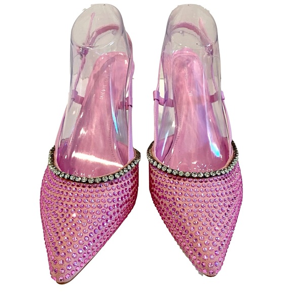 Azelea Wang Sorrel-Pink Rhinestone Slingback Kitten Heeled Pumps Size 10 - Picture 2 of 14